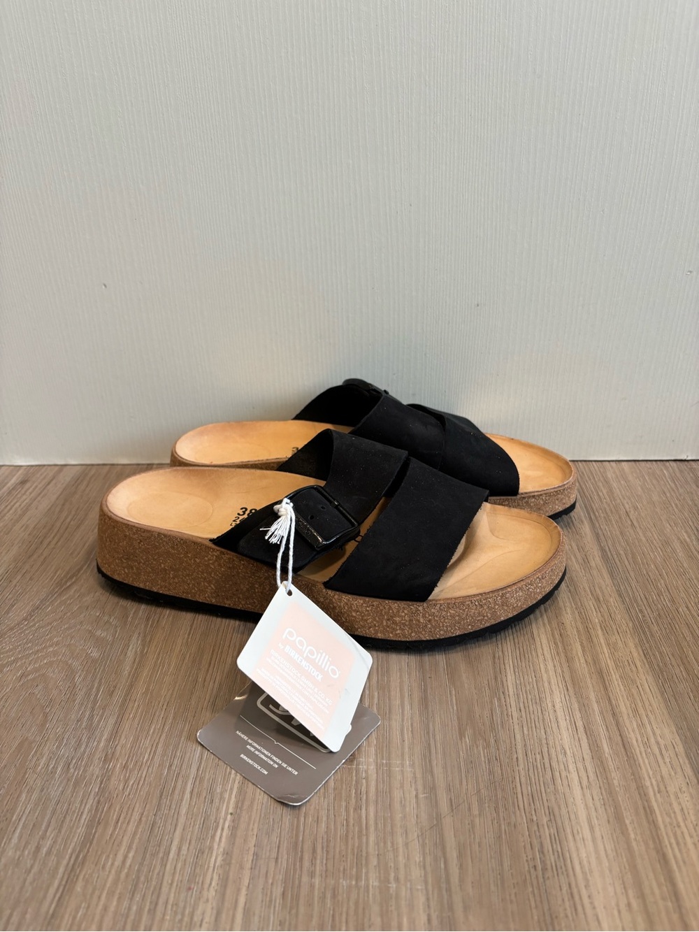 Birkenstock Black Suede Two-Strap Cork Footbed Sandals